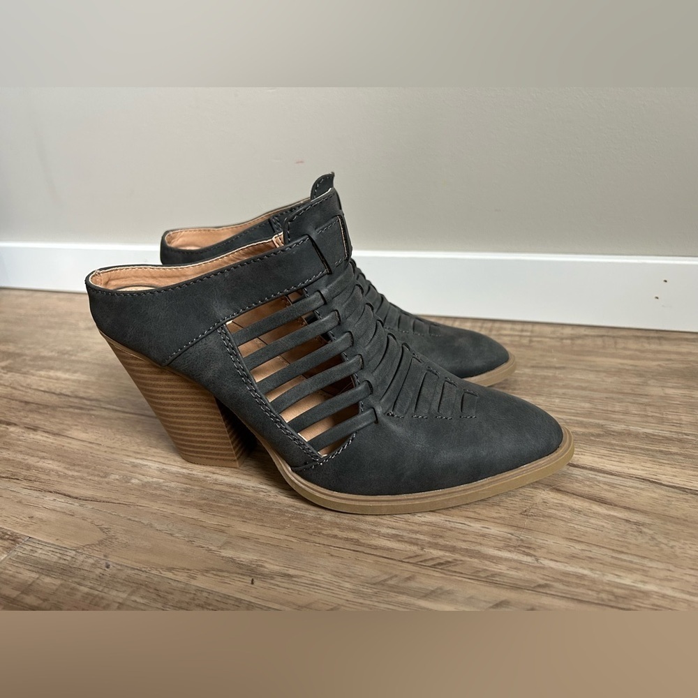 REPORT Weave Caged Slip On Mules Open Back Booties Stacked Block Heel black - Picture 2 of 11